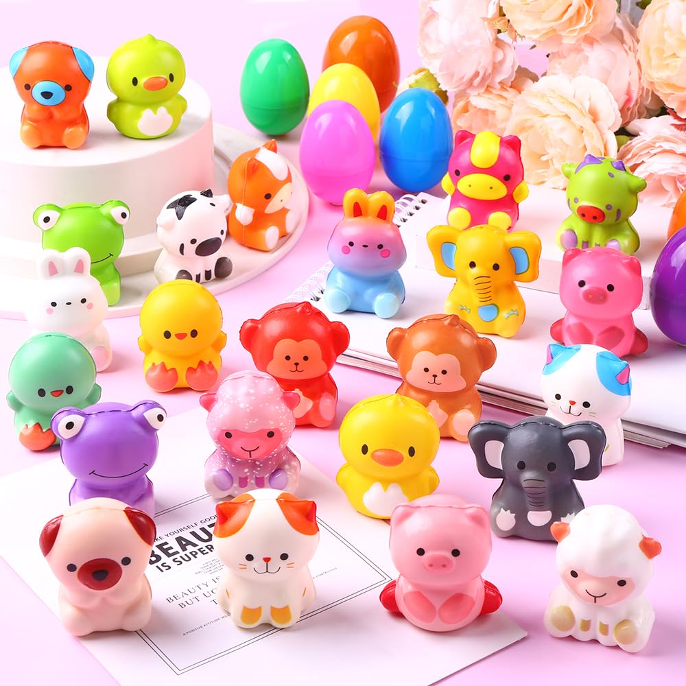 DULEFUN 24pcs Prefilled Easter Eggs with Animal Squishy Toys | Party Favors & Basket Stuffers