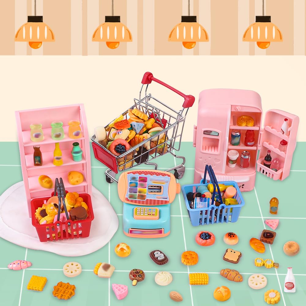 DULEFUN 143pcs Mini Shopping Cart & Dollhouse Store Set – Pretend Play Toys