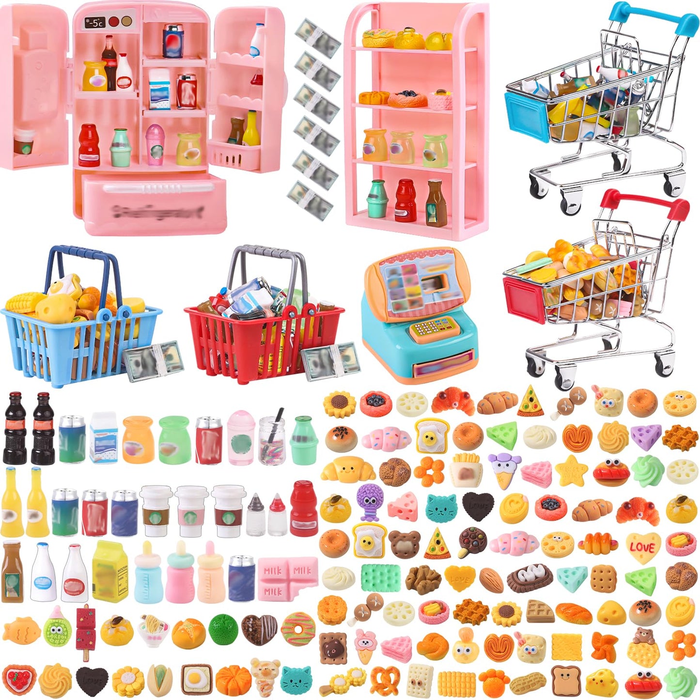 DULEFUN 143pcs Mini Shopping Cart & Dollhouse Store Set – Pretend Play Toys