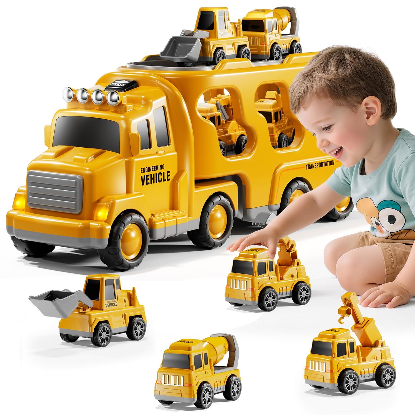 DULONIME Construction Truck Toys Set – Lights & Sound, 5-in-1 Carrier for Kids