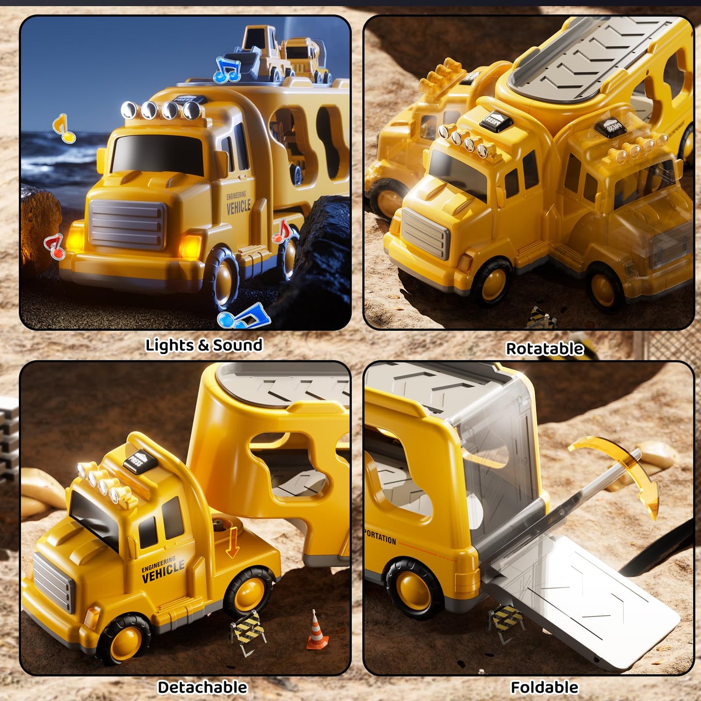 DULONIME Construction Truck Toys Set – Lights & Sound, 5-in-1 Carrier for Kids