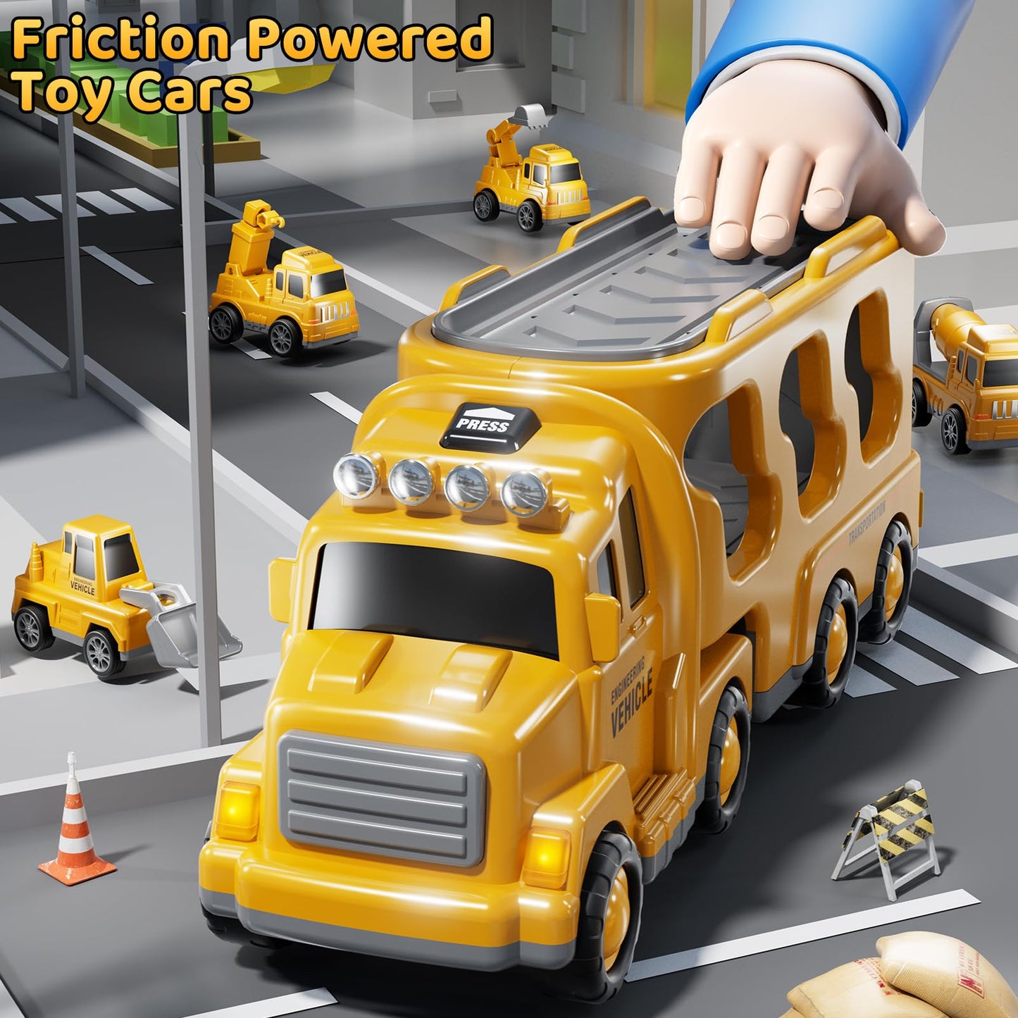 DULONIME Construction Truck Toys Set – Lights & Sound, 5-in-1 Carrier for Kids