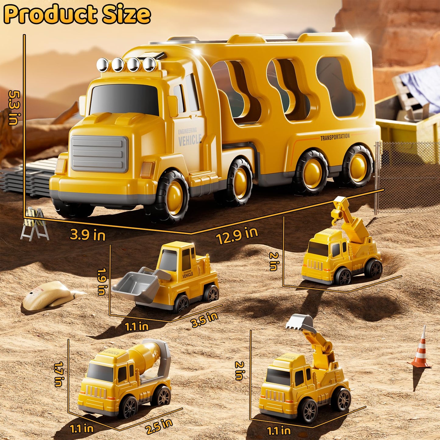 DULONIME Construction Truck Toys Set – Lights & Sound, 5-in-1 Carrier for Kids