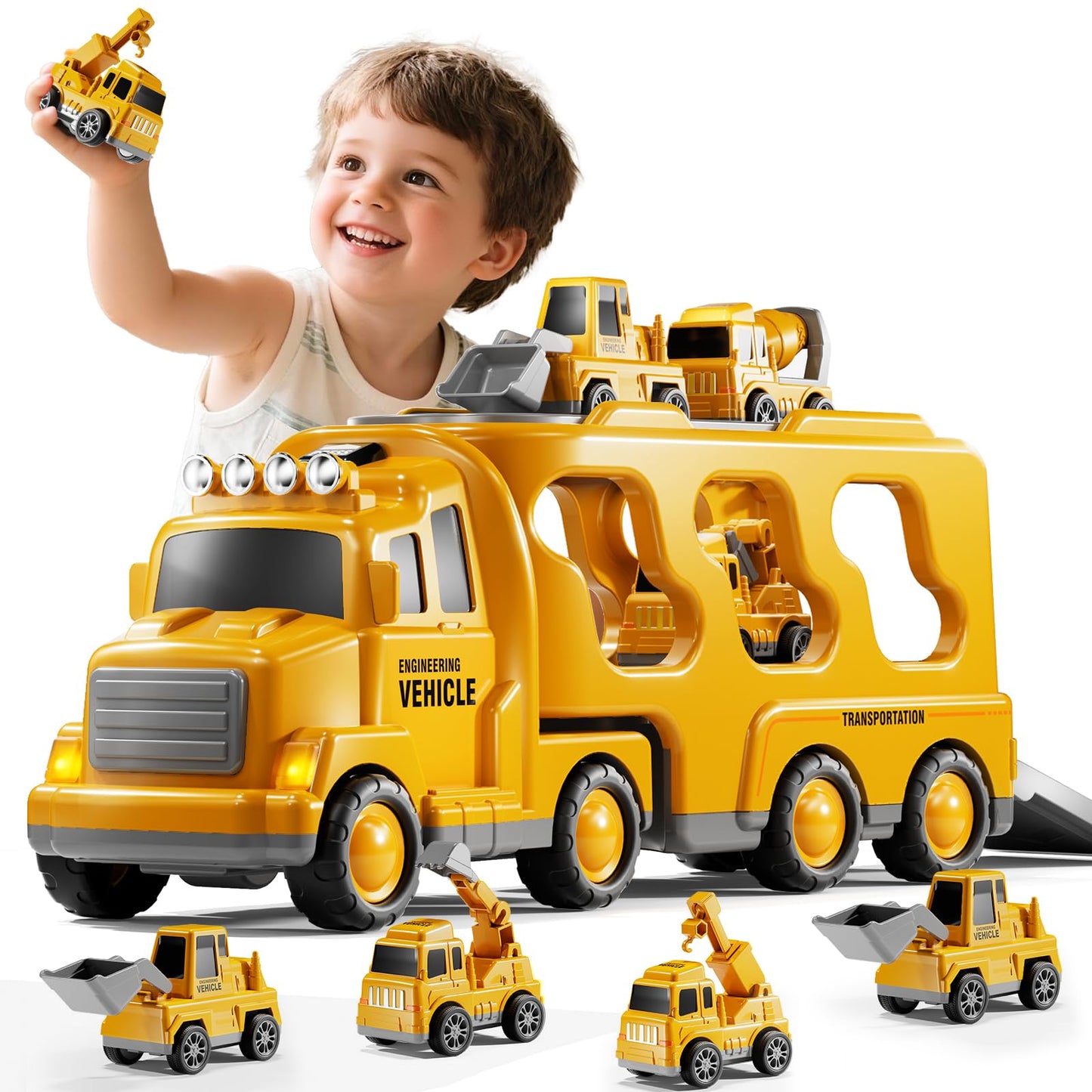 DULONIME Construction Truck Toys Set – Lights & Sound, 5-in-1 Carrier for Kids