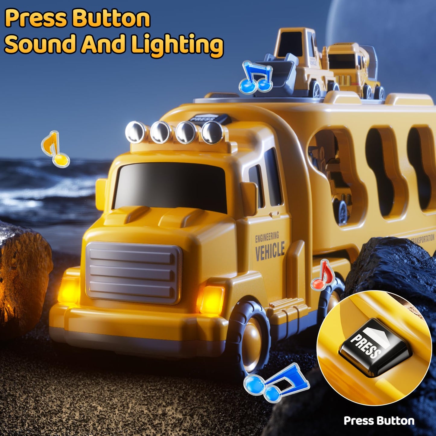DULONIME Construction Truck Toys Set – Lights & Sound, 5-in-1 Carrier for Kids