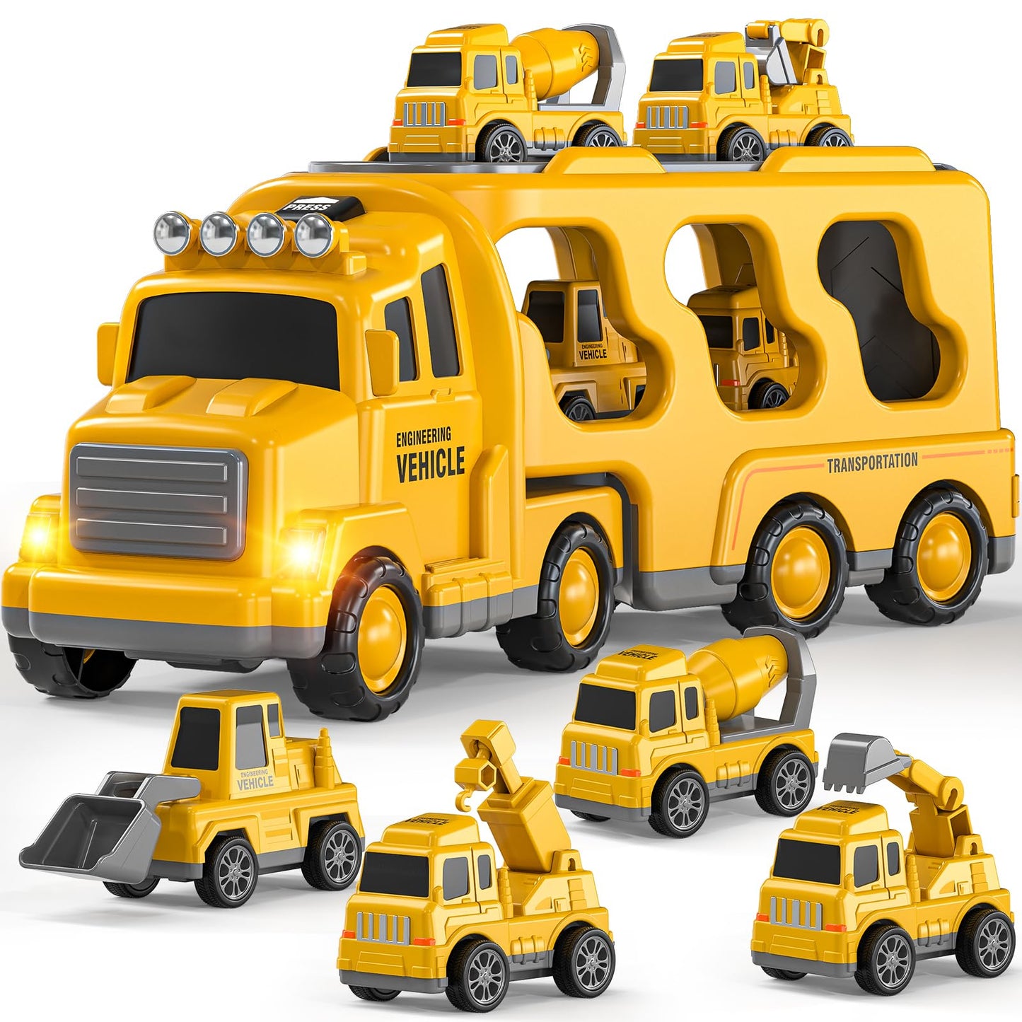 DULONIME Construction Truck Toys Set – Lights & Sound, 5-in-1 Carrier for Kids