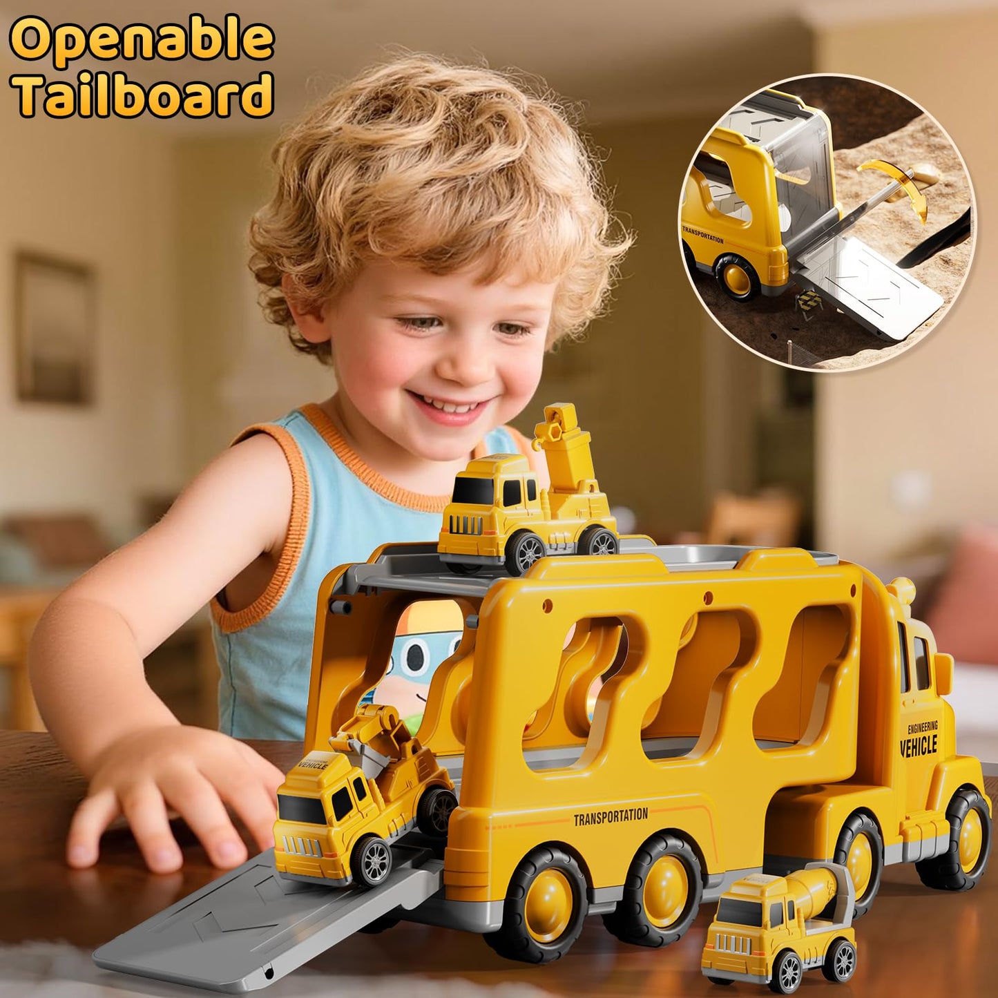 DULONIME Construction Truck Toys Set – Lights & Sound, 5-in-1 Carrier for Kids