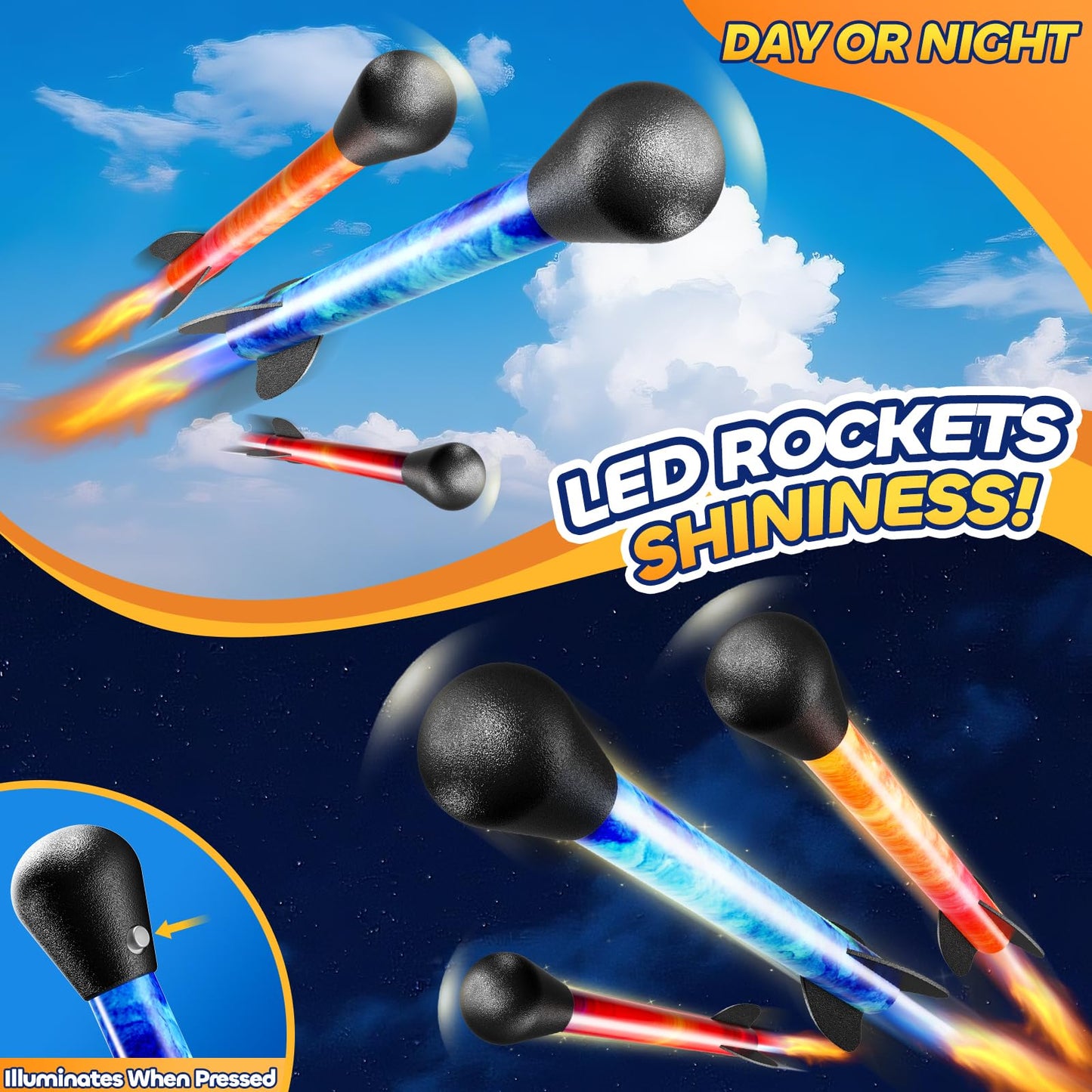 DULONIME Rocket Launcher for Kids — LED Rockets, 100+ ft Sky Launch, Battery-Free Outdoor Toy Gift