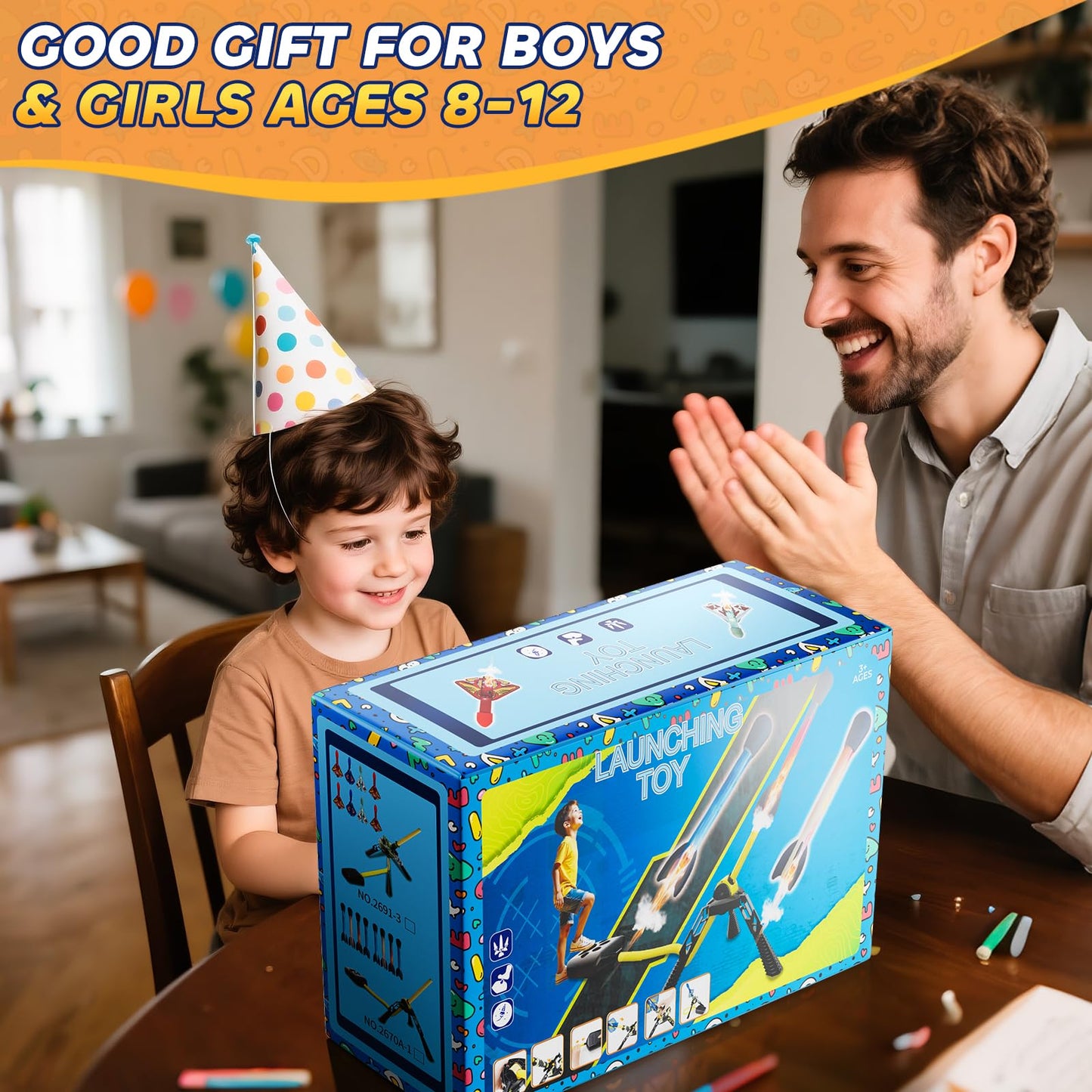 DULONIME Rocket Launcher for Kids — LED Rockets, 100+ ft Sky Launch, Battery-Free Outdoor Toy Gift