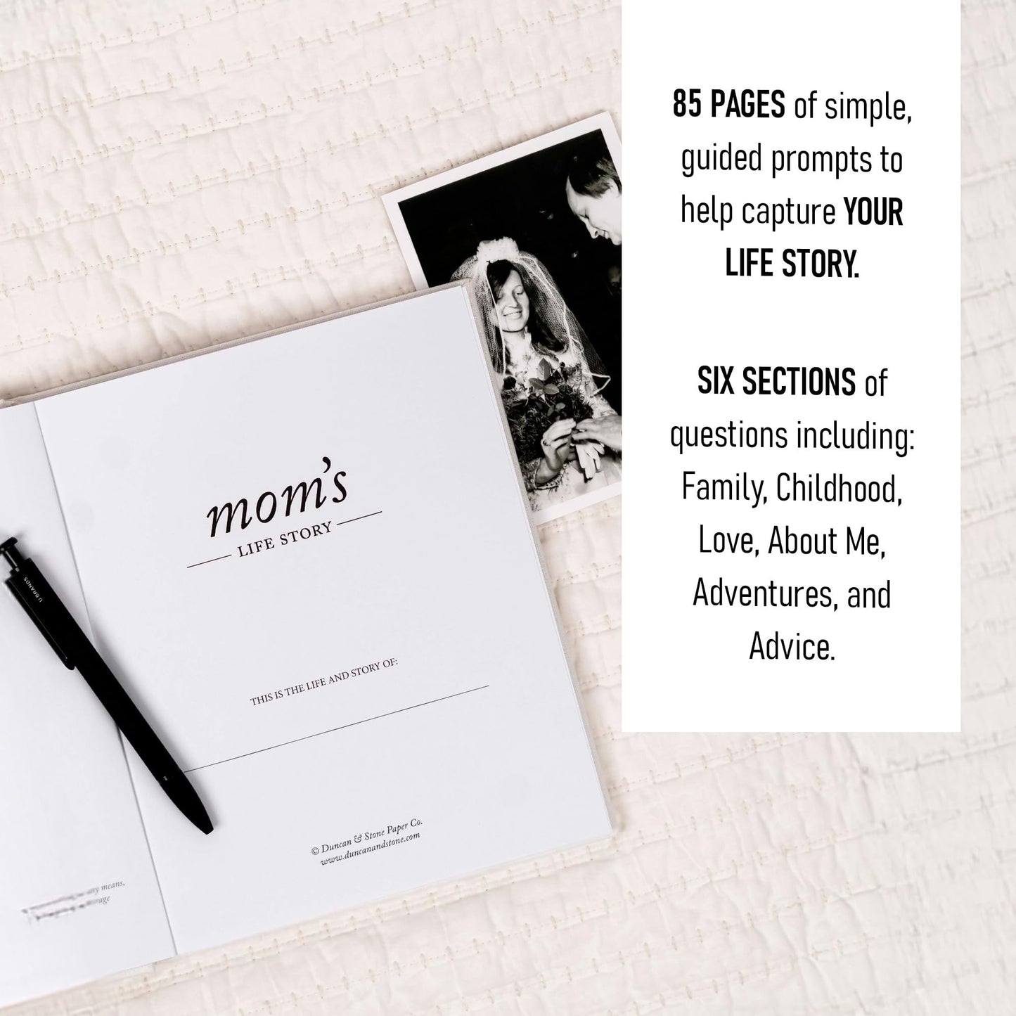 DUNCAN & STONE PAPER CO. 85-Page Mom Tell Me Your Story Journal | Linen Bound Ivory