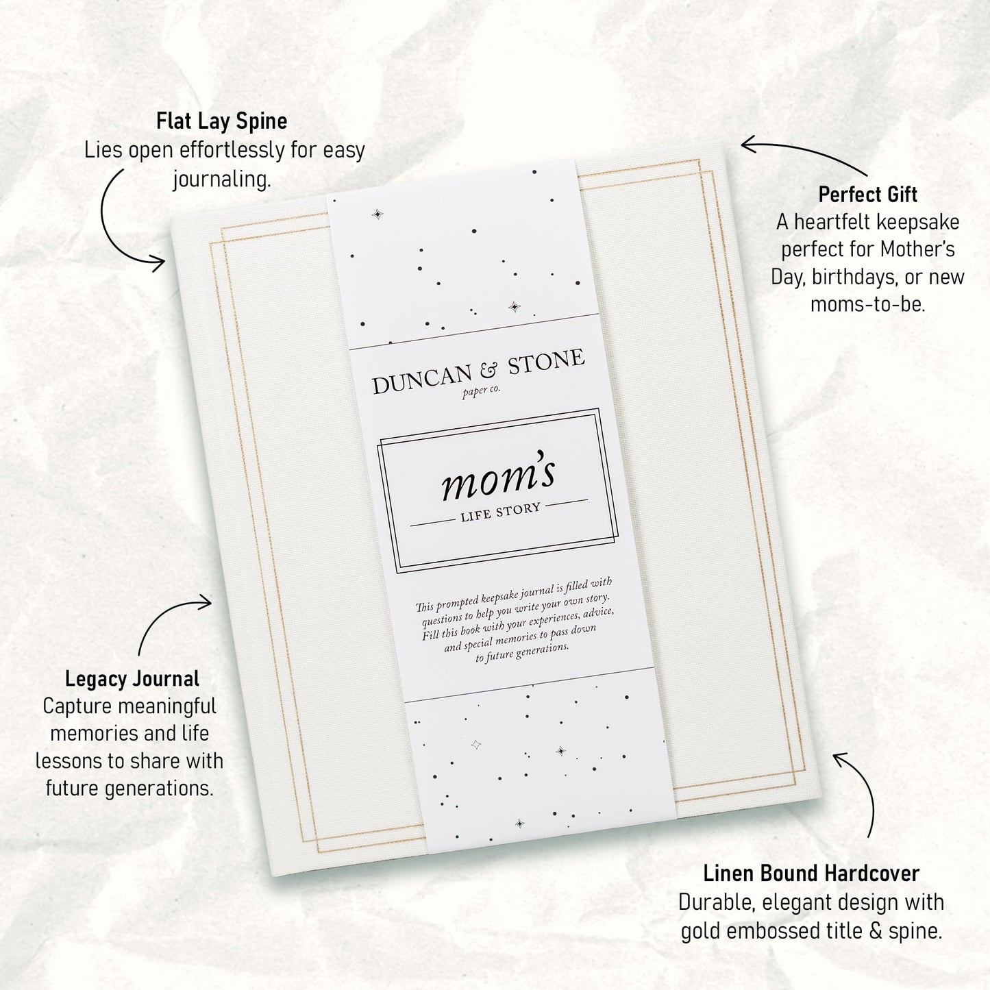 DUNCAN & STONE PAPER CO. 85-Page Mom Tell Me Your Story Journal | Linen Bound Ivory