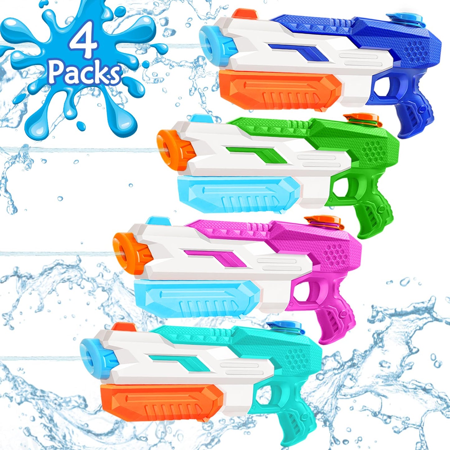 4 Pack Water Gun for Kids & Adults by DUNEMEI – 600cc Squirt Blasters with Long Range (28-32 ft)