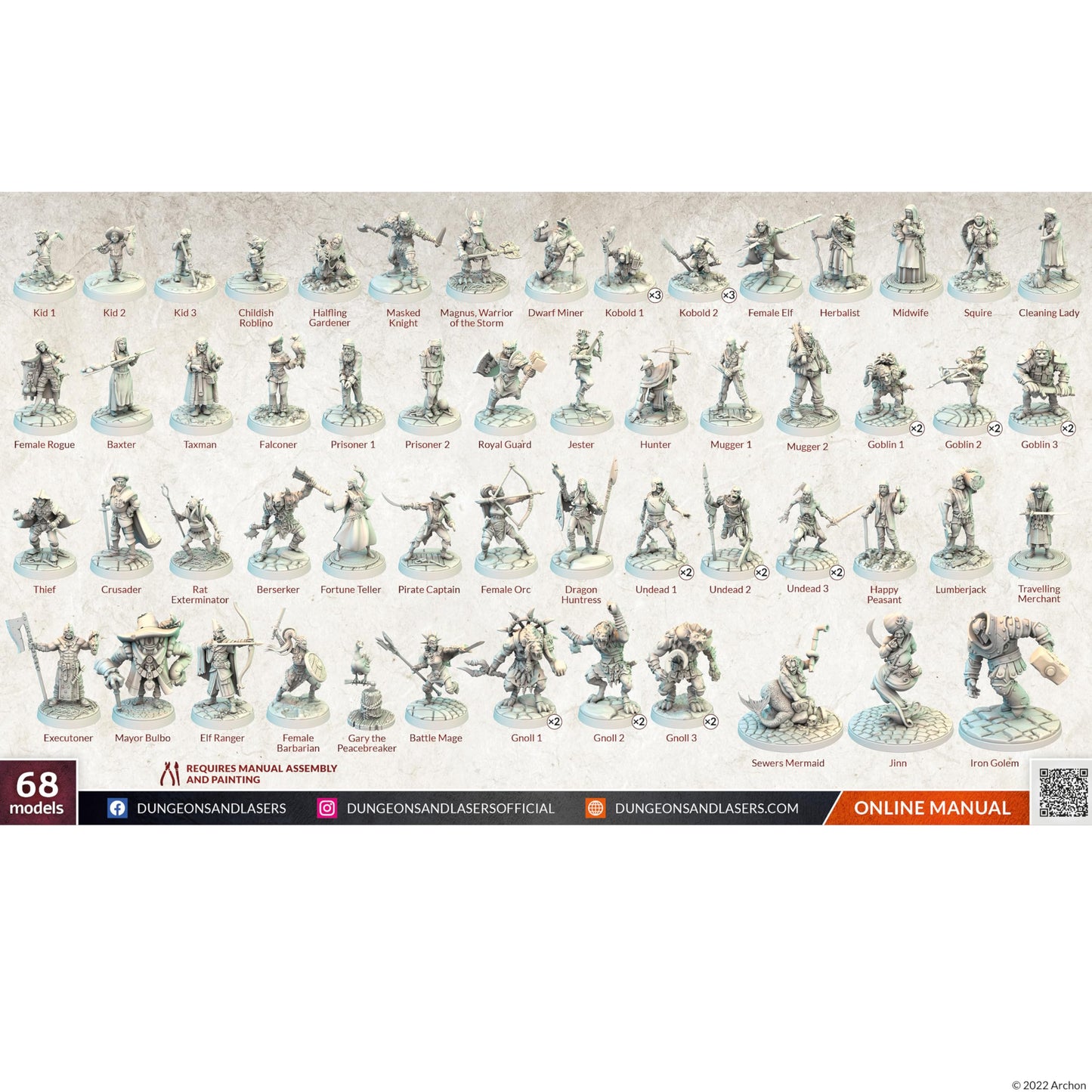 Dungeons & Lasers NPC DND Miniatures Pack — 68 Figures, 28mm, Scenic Bases