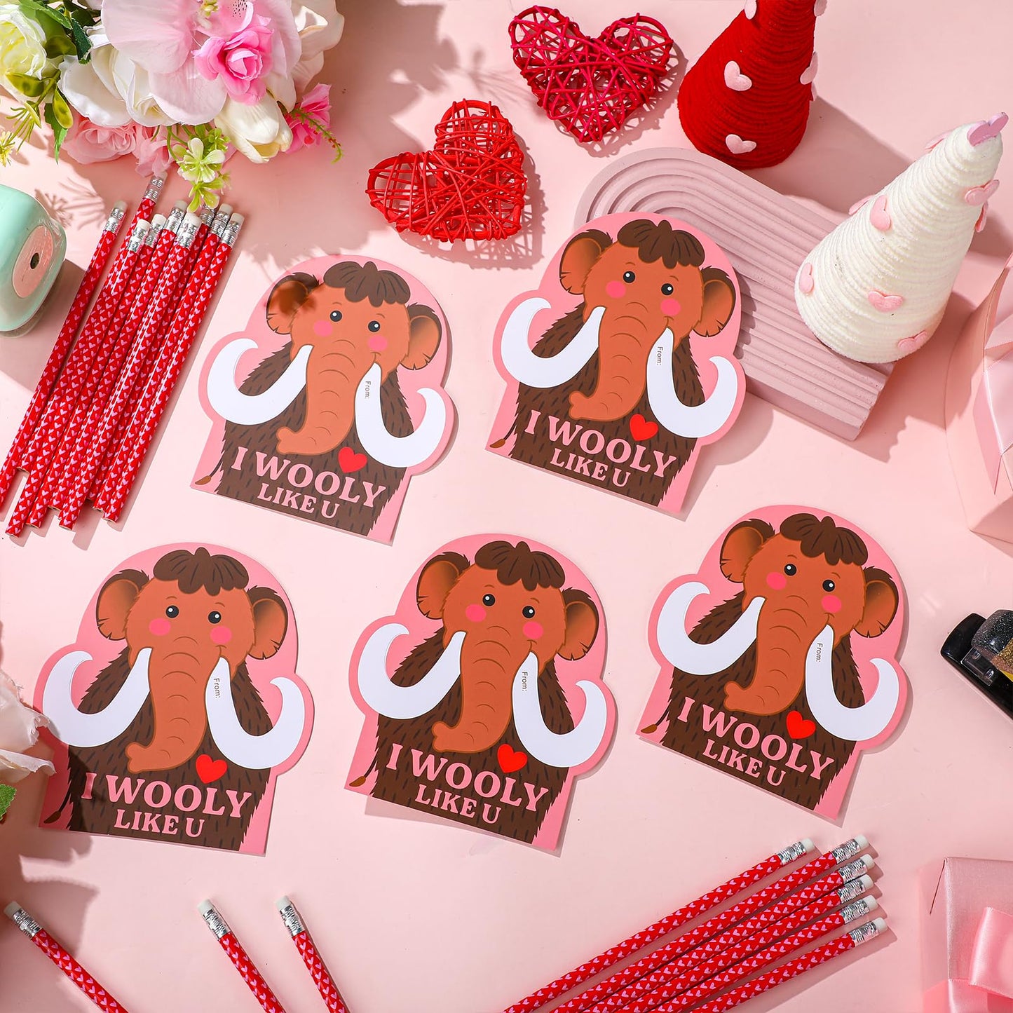 Dunzoom 36-Piece Wooly Mammoth Valentine Cards & Pencils – Classroom Gifts & Party Favors