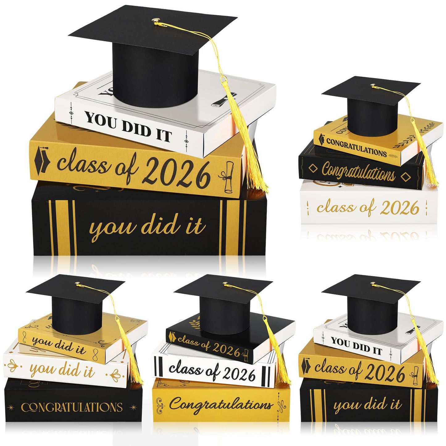 Dunzoom Class of 2026 Graduation Centerpieces – Cap & Book Stack Set (Gold)