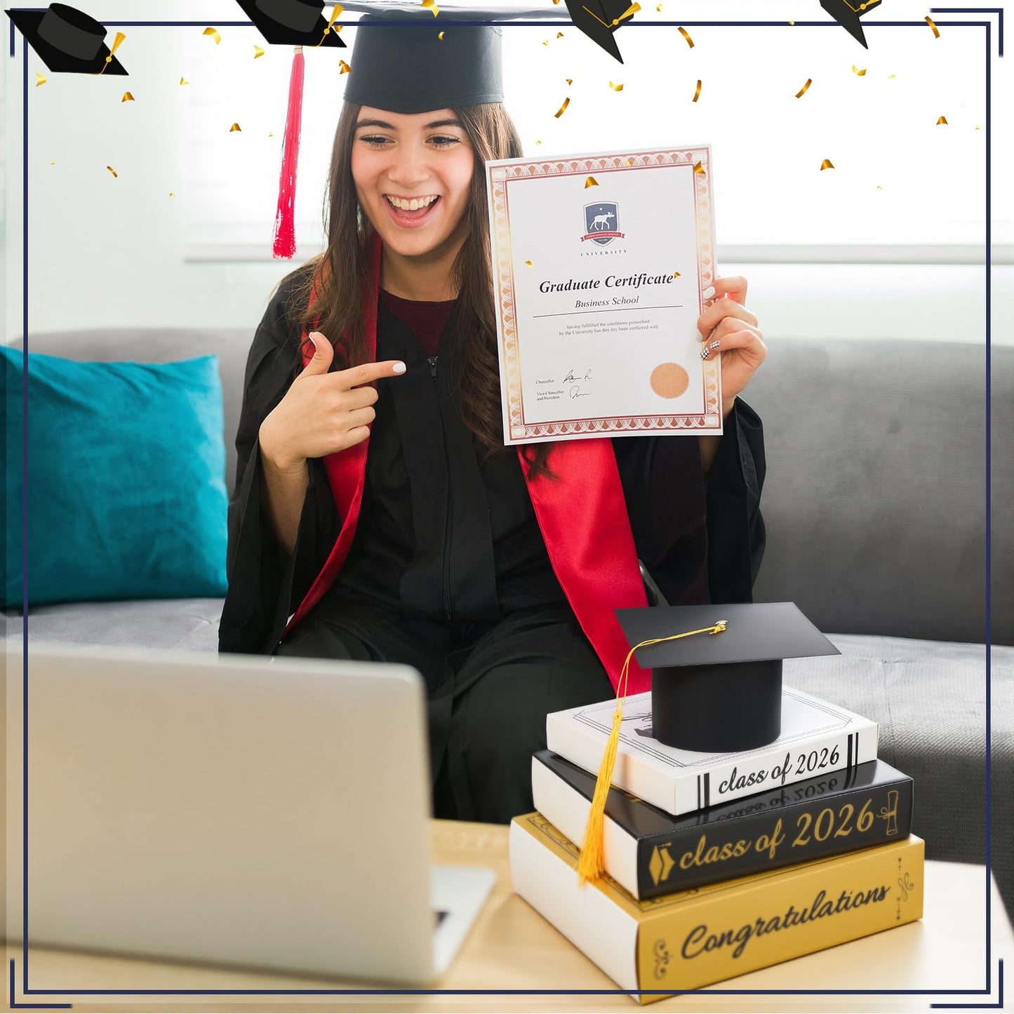 Dunzoom Class of 2026 Graduation Centerpieces – Cap & Book Stack Set (Gold)