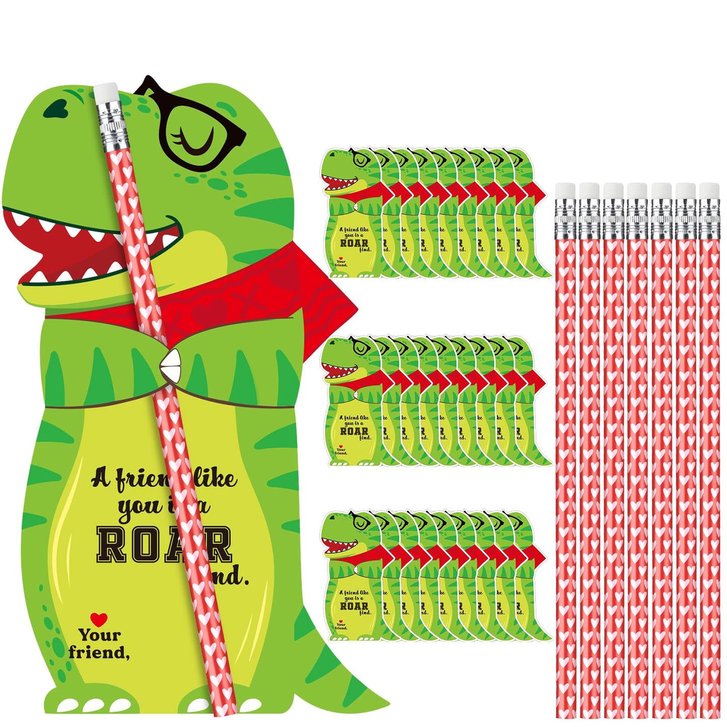 Dunzoom 36 Sets Dinosaur Valentine Cards & Heart Pencils – Classroom Gifts & Party Favors