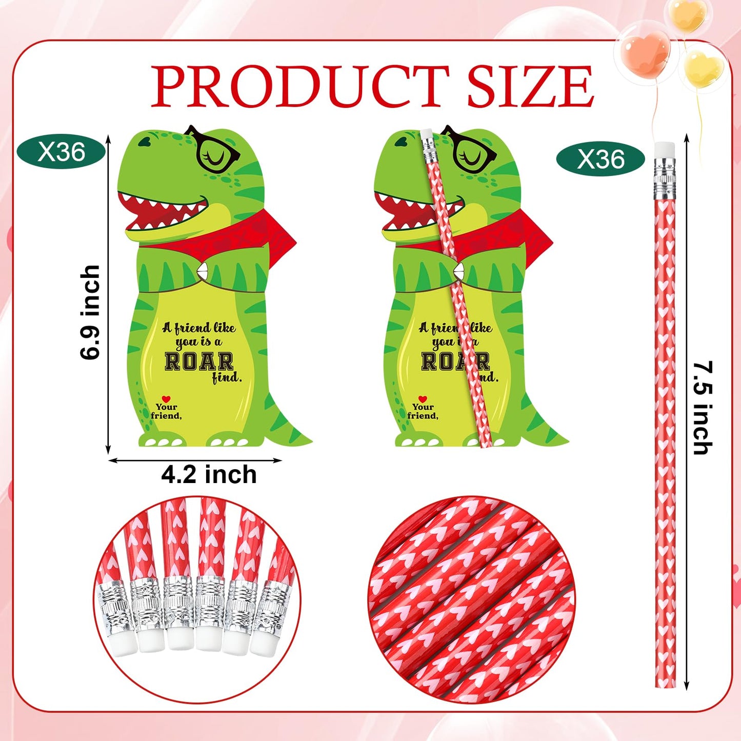 Dunzoom 36 Sets Dinosaur Valentine Cards & Heart Pencils – Classroom Gifts & Party Favors