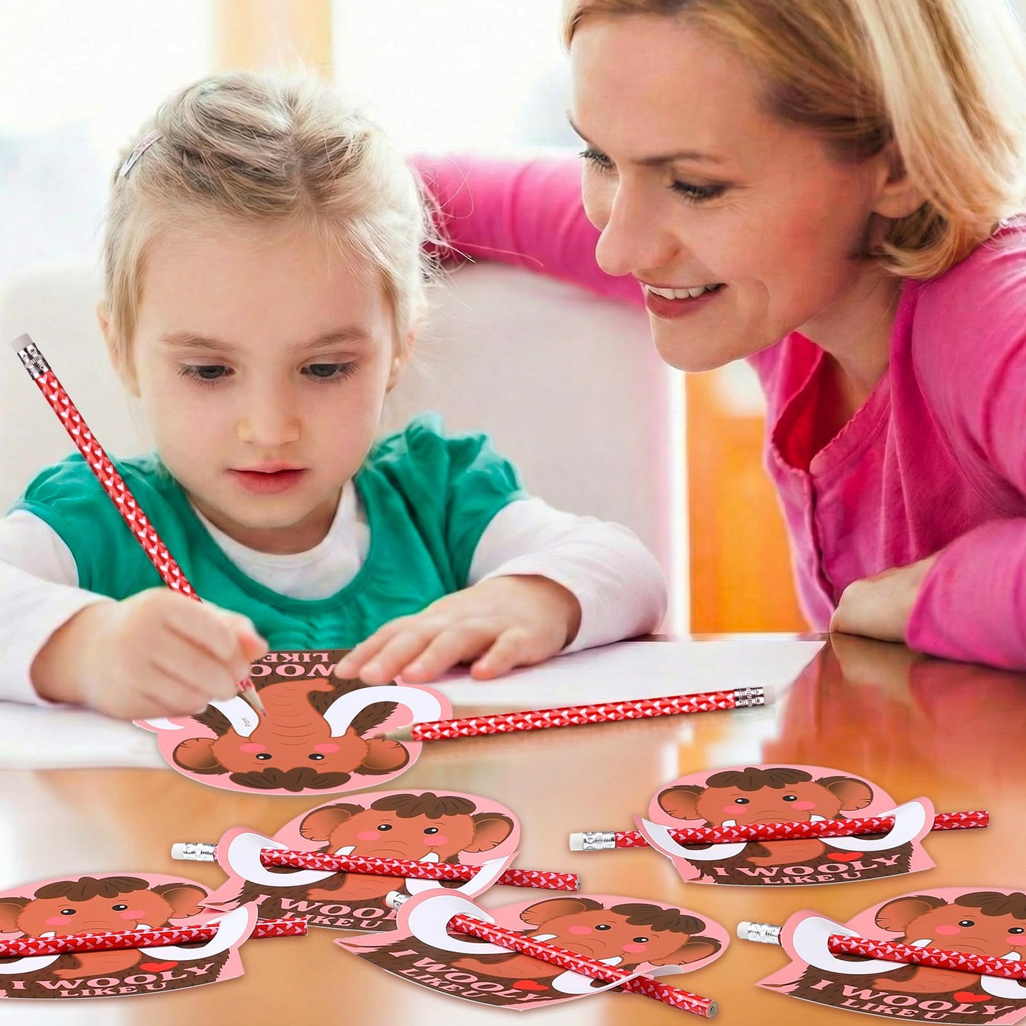 Dunzoom 36-Piece Wooly Mammoth Valentine Cards & Pencils – Classroom Gifts & Party Favors