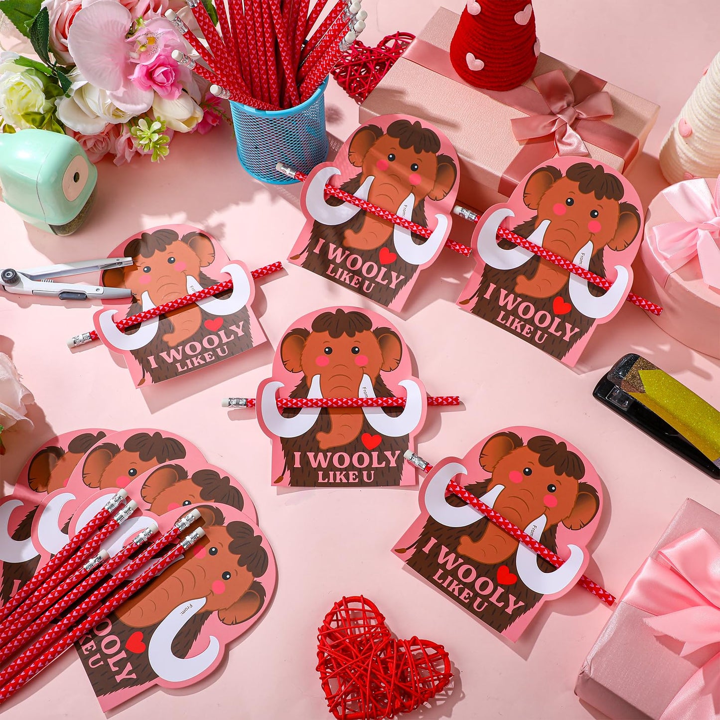 Dunzoom 36-Piece Wooly Mammoth Valentine Cards & Pencils – Classroom Gifts & Party Favors