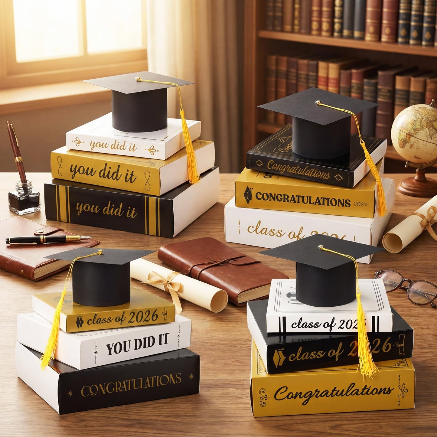 Dunzoom Class of 2026 Graduation Centerpieces – Cap & Book Stack Set (Gold)