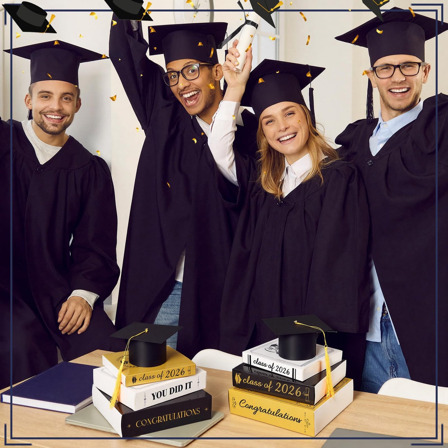 Dunzoom Class of 2026 Graduation Centerpieces – Cap & Book Stack Set (Gold)
