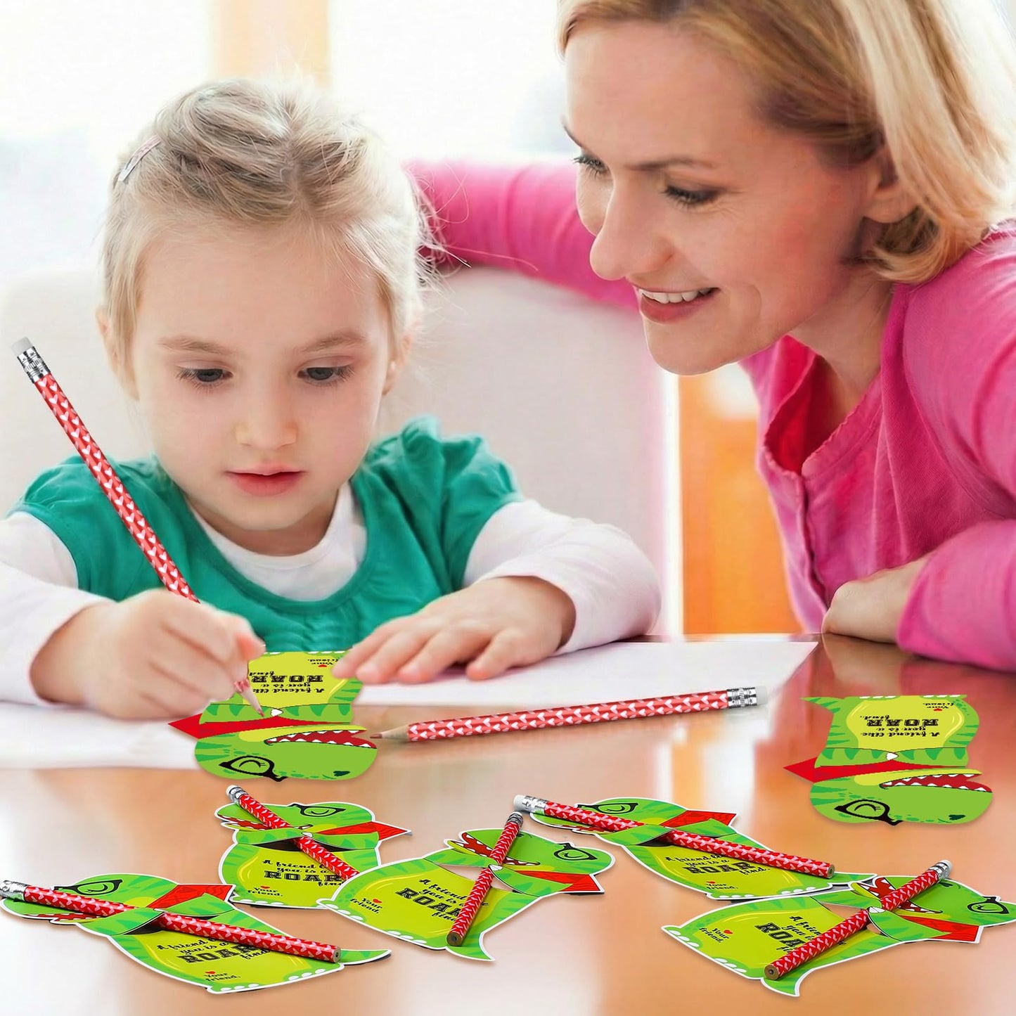 Dunzoom 36 Sets Dinosaur Valentine Cards & Heart Pencils – Classroom Gifts & Party Favors