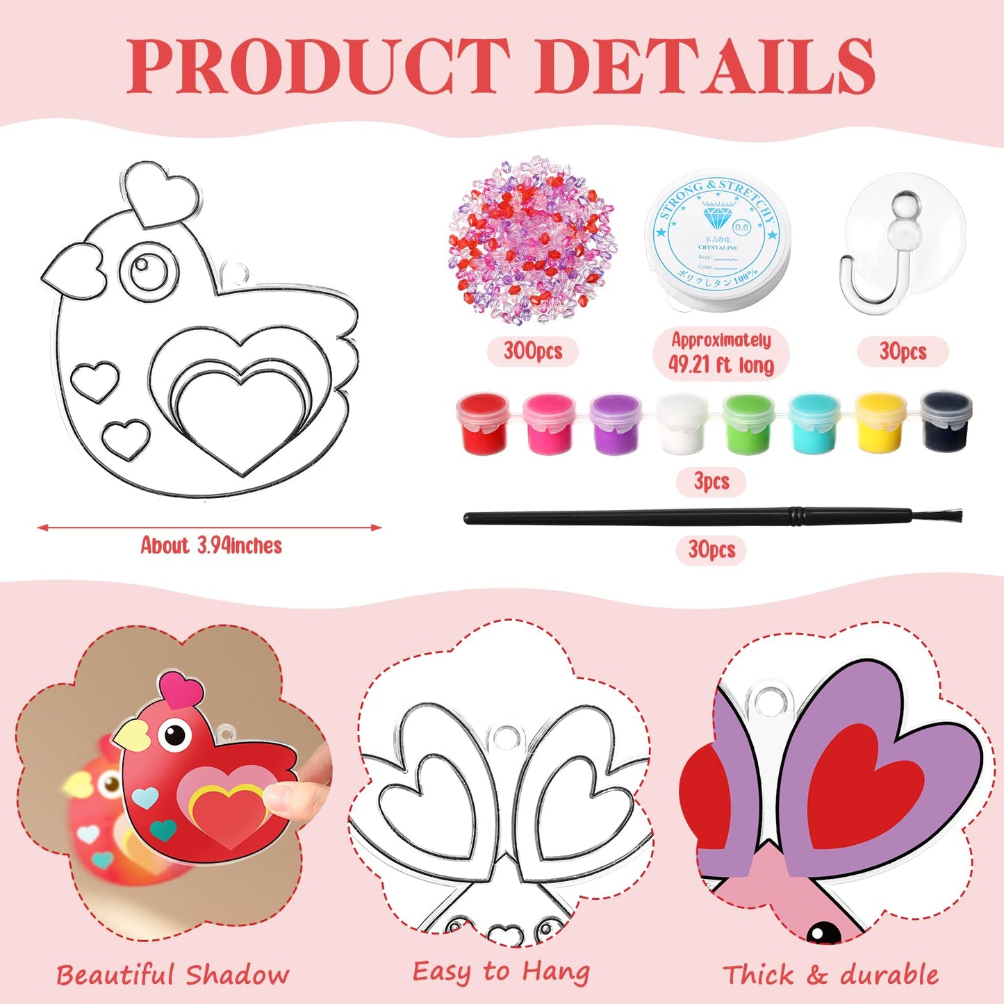 Dunzoom 30 Pack Valentine Suncatcher Craft Kits – Classroom Exchange DIY Pink Heart Art Set