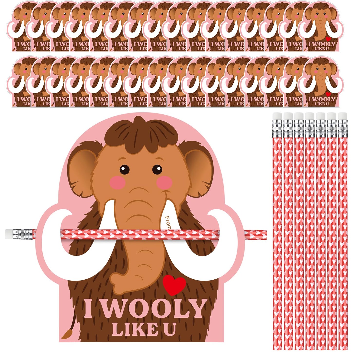 Dunzoom 36-Piece Wooly Mammoth Valentine Cards & Pencils – Classroom Gifts & Party Favors
