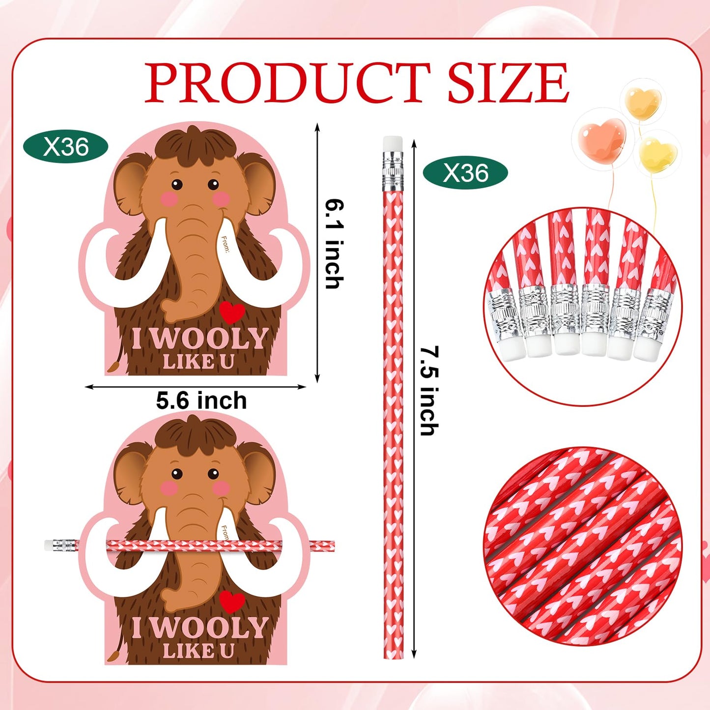 Dunzoom 36-Piece Wooly Mammoth Valentine Cards & Pencils – Classroom Gifts & Party Favors