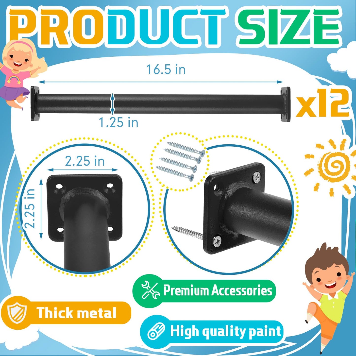 Dunzy 12-Pack Steel Monkey Bars for Swing Sets – 16.5-Inch Black with Screws & Mounting Plates