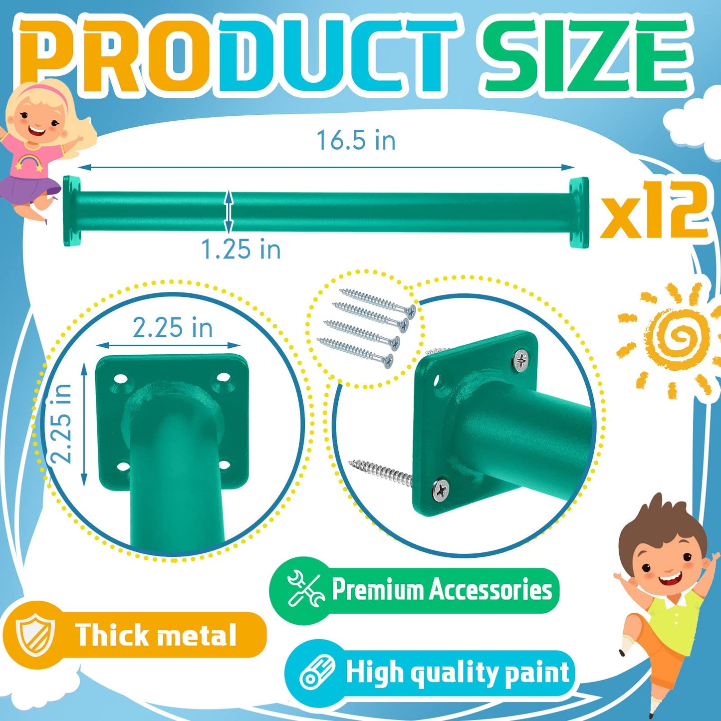 Dunzy 12 Pack Monkey Bars – 16.5-Inch Green Steel Playset Rungs & Hardware Kit