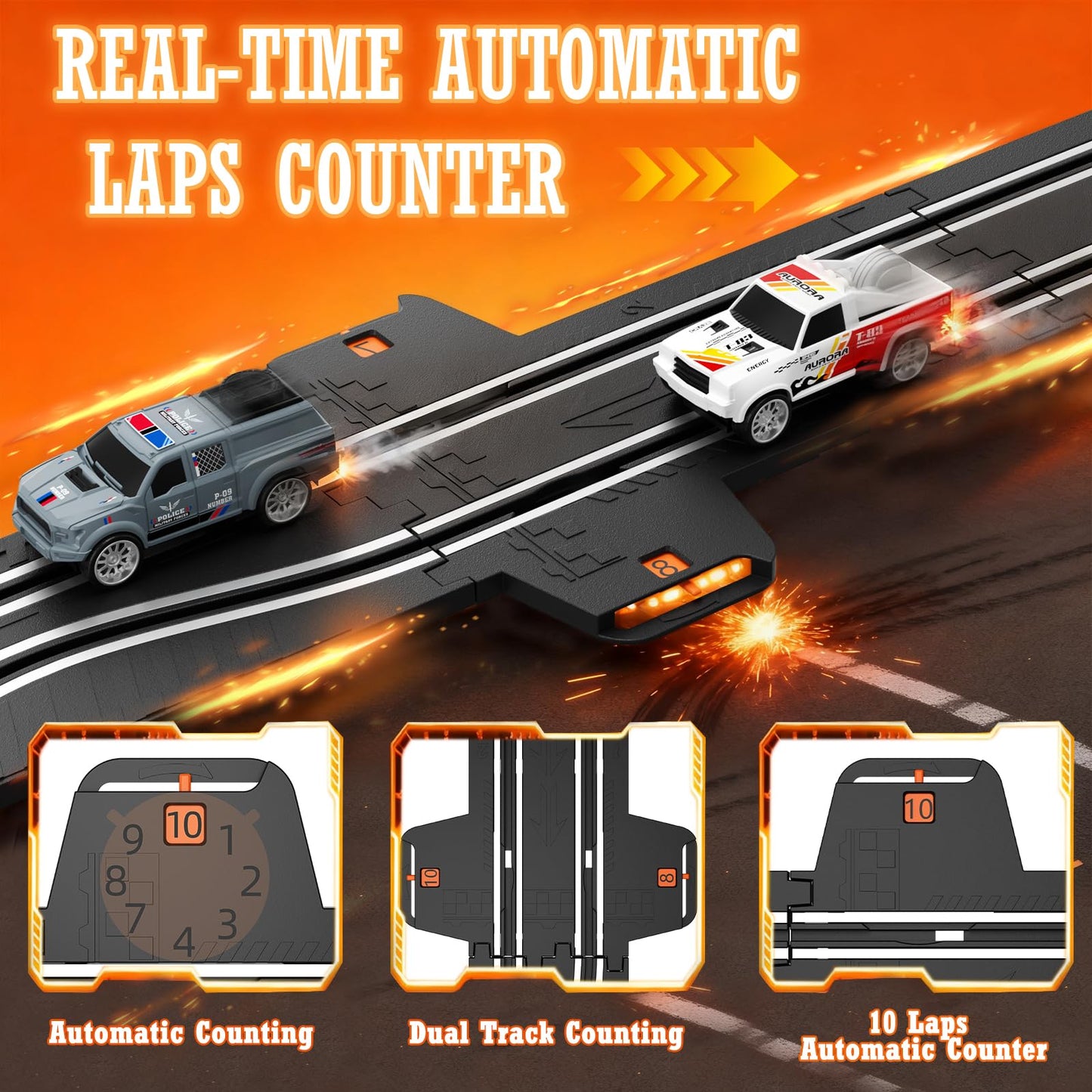 DUONIZAY 9.86ft 2-in-1 Slot Car Track Set with 4 Cars – Dual Racing, LED Loops & Lap Counter
