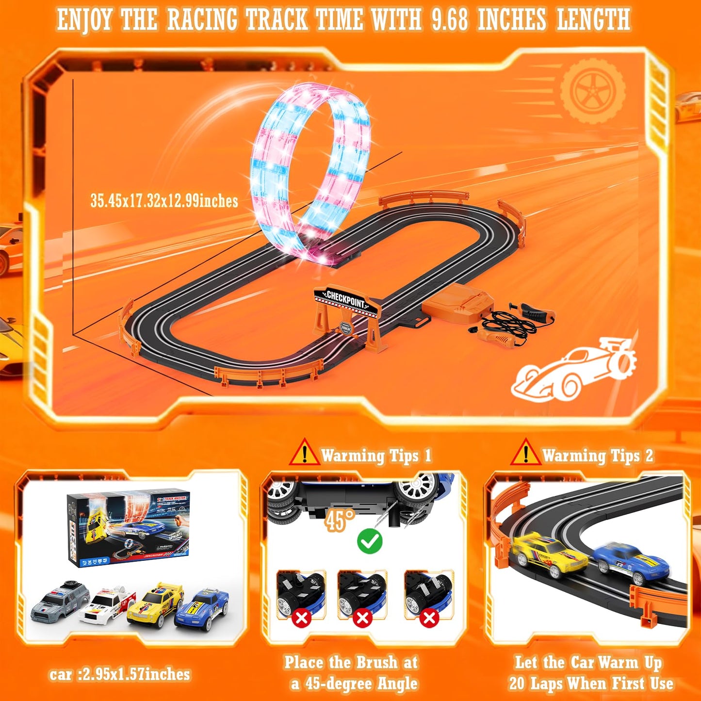 DUONIZAY 9.86ft 2-in-1 Slot Car Track Set with 4 Cars – Dual Racing, LED Loops & Lap Counter