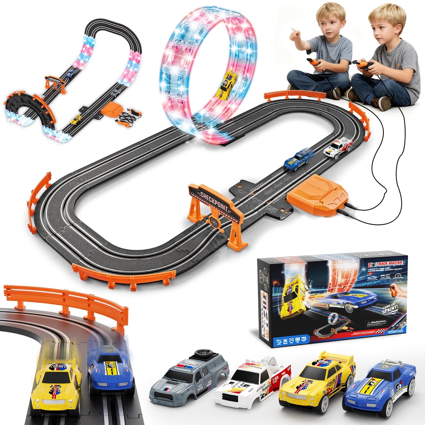 DUONIZAY 9.86ft 2-in-1 Slot Car Track Set with 4 Cars – Dual Racing, LED Loops & Lap Counter
