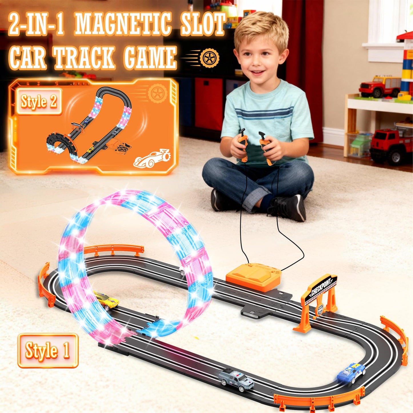 DUONIZAY 9.86ft 2-in-1 Slot Car Track Set with 4 Cars – Dual Racing, LED Loops & Lap Counter