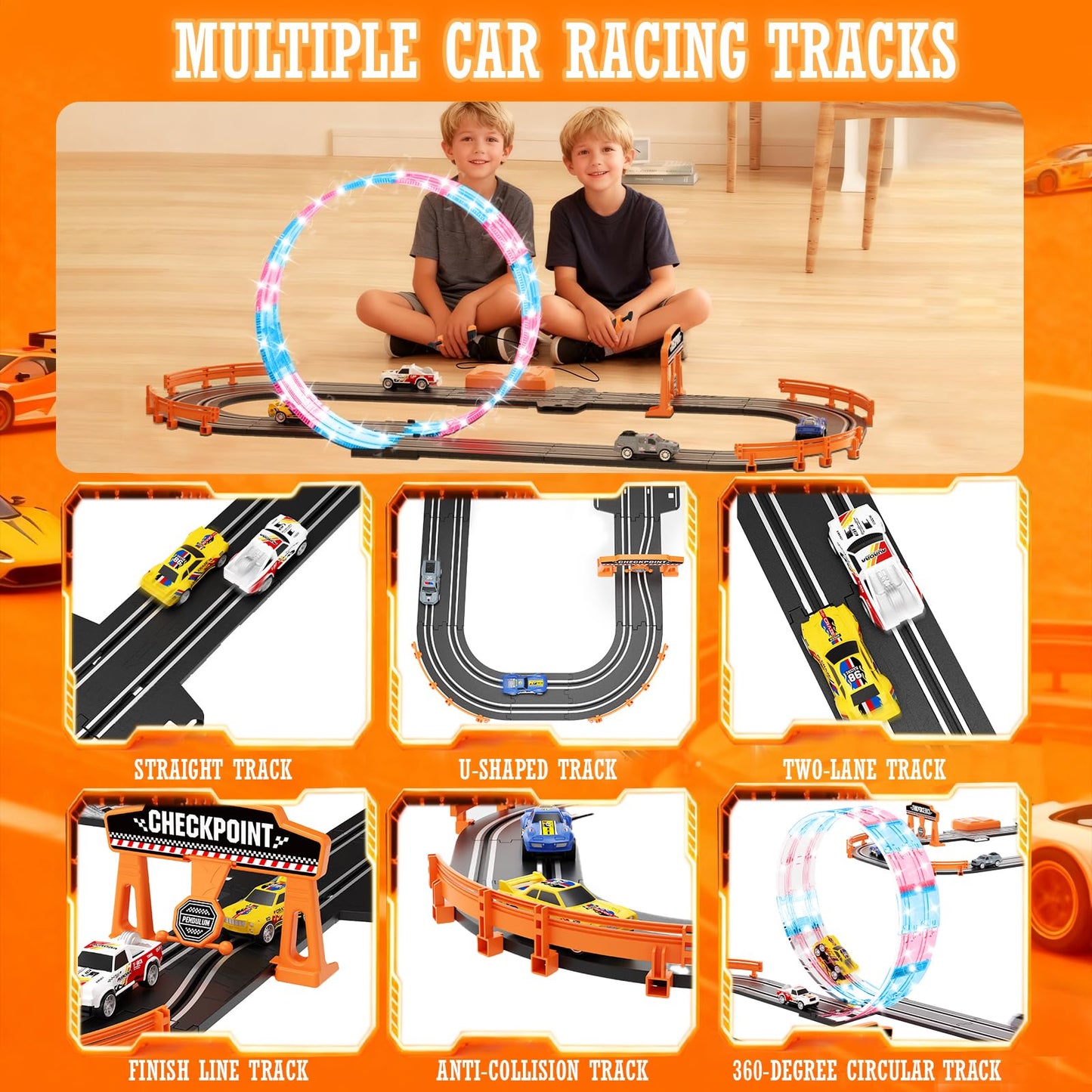 DUONIZAY 9.86ft 2-in-1 Slot Car Track Set with 4 Cars – Dual Racing, LED Loops & Lap Counter