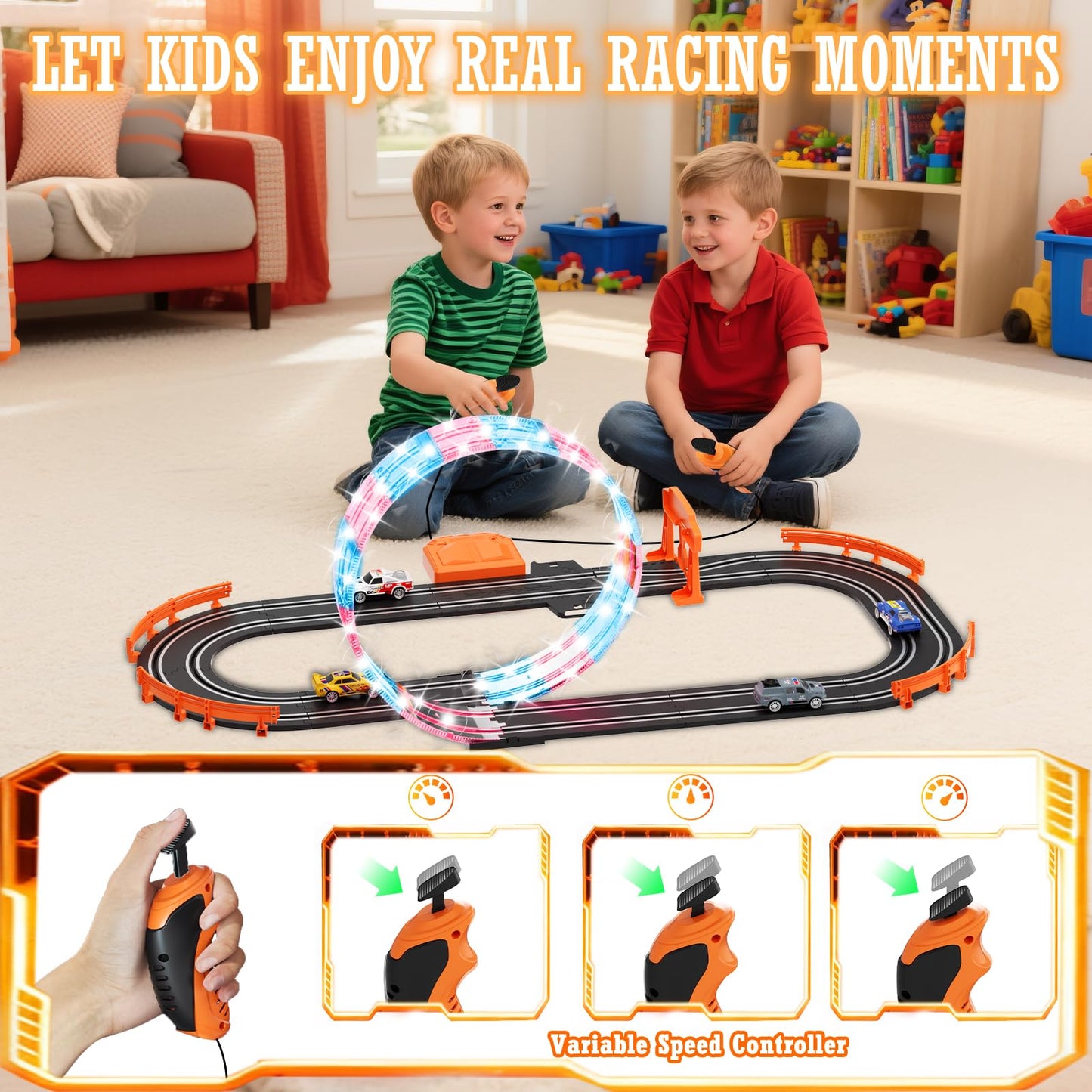 DUONIZAY 9.86ft 2-in-1 Slot Car Track Set with 4 Cars – Dual Racing, LED Loops & Lap Counter