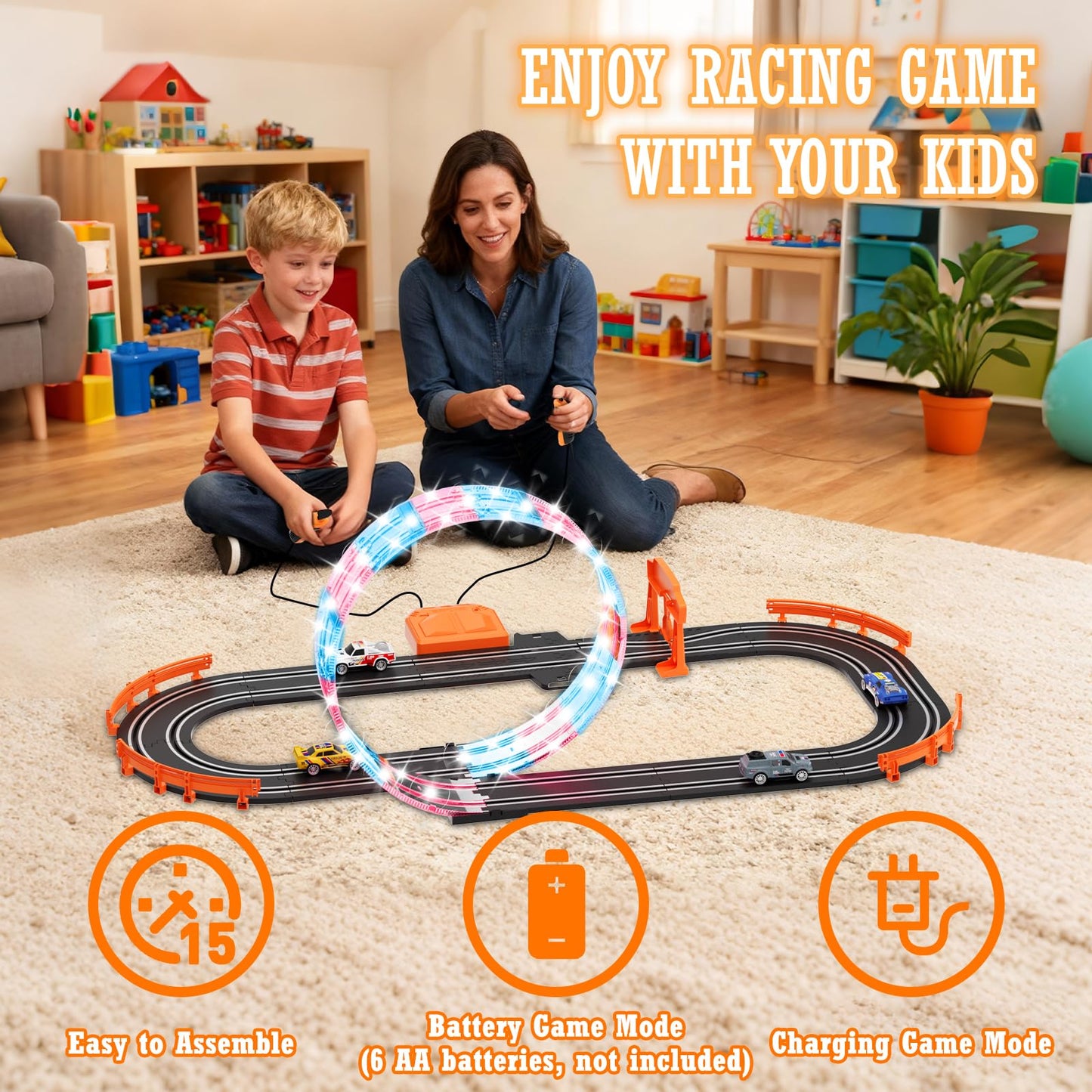 DUONIZAY 9.86ft 2-in-1 Slot Car Track Set with 4 Cars – Dual Racing, LED Loops & Lap Counter
