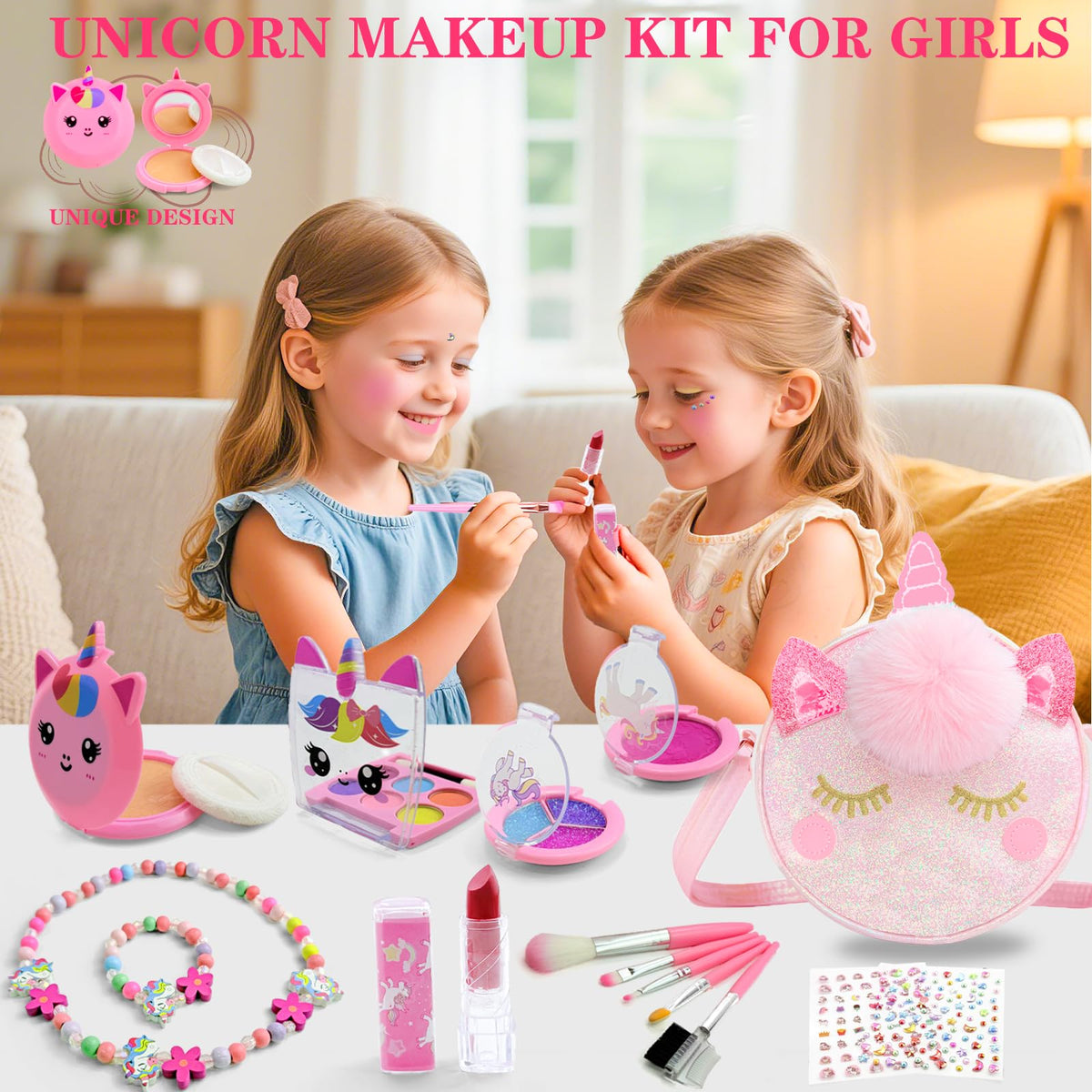 DUOROUBAO Kids Real Makeup Kit with Unicorn Pouch – 16Pcs Washable Non-Toxic Toy Makeup