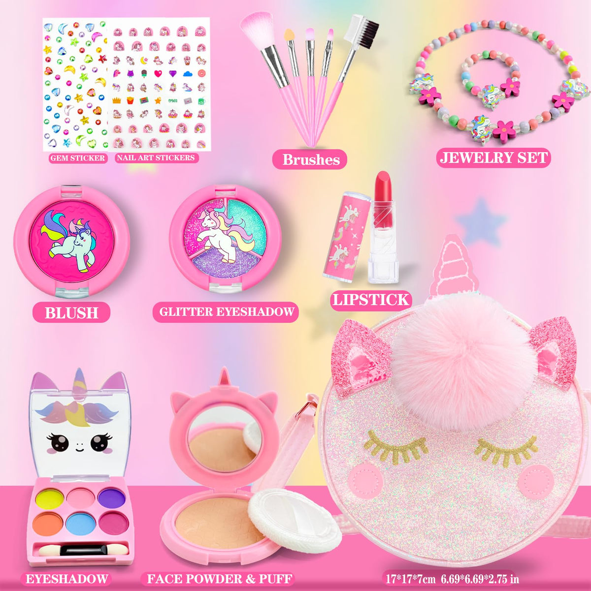 DUOROUBAO Kids Real Makeup Kit with Unicorn Pouch – 16Pcs Washable Non-Toxic Toy Makeup