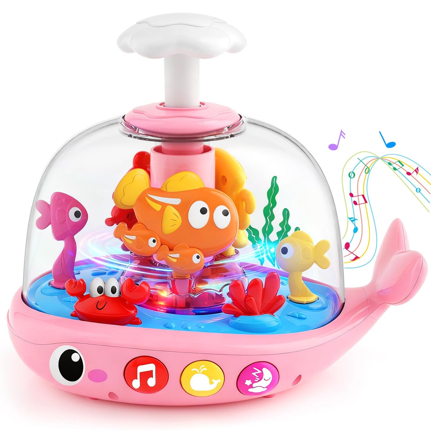 DUPHLAGT Baby Toy - Press & Spin Aquarium Light-Up Musical Toy (Pink, 6-12 Months) – Bilingual English/Spanish