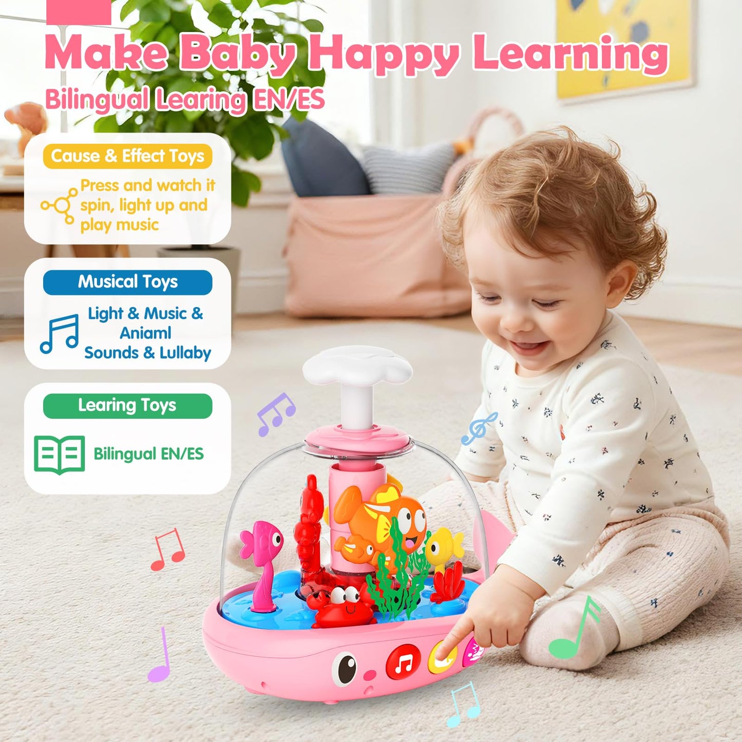 DUPHLAGT Baby Toy - Press & Spin Aquarium Light-Up Musical Toy (Pink, 6-12 Months) – Bilingual English/Spanish