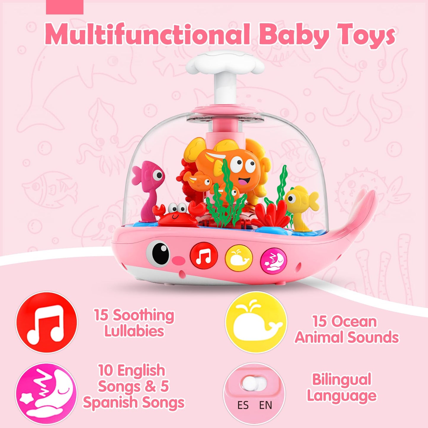 DUPHLAGT Baby Toy - Press & Spin Aquarium Light-Up Musical Toy (Pink, 6-12 Months) – Bilingual English/Spanish