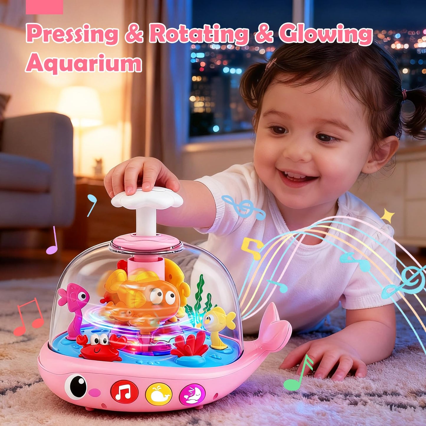 DUPHLAGT Baby Toy - Press & Spin Aquarium Light-Up Musical Toy (Pink, 6-12 Months) – Bilingual English/Spanish