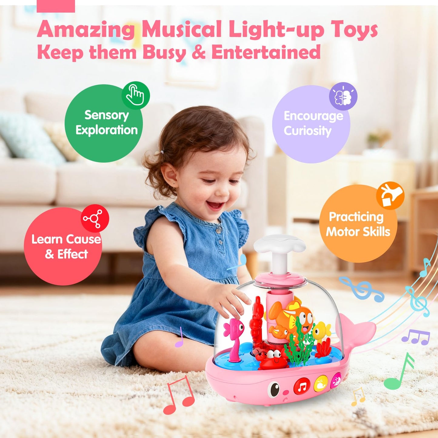 DUPHLAGT Baby Toy - Press & Spin Aquarium Light-Up Musical Toy (Pink, 6-12 Months) – Bilingual English/Spanish