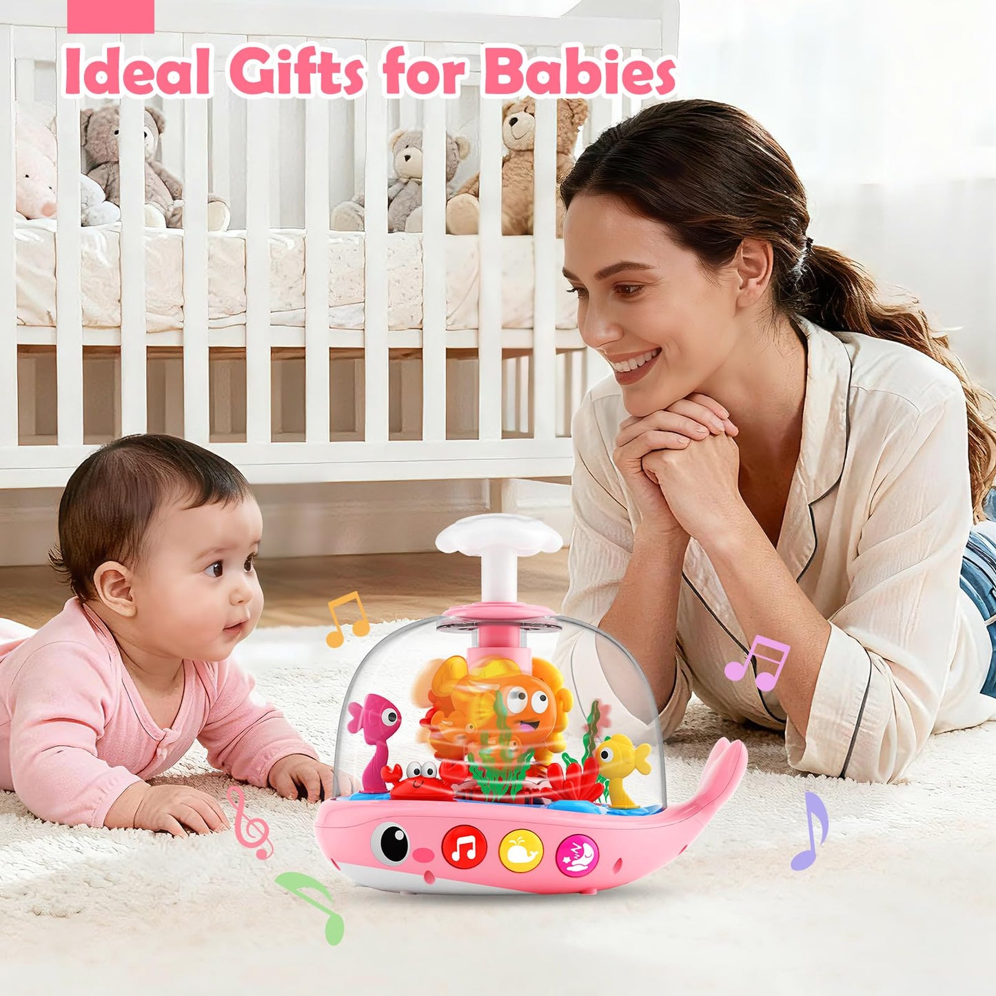 DUPHLAGT Baby Toy - Press & Spin Aquarium Light-Up Musical Toy (Pink, 6-12 Months) – Bilingual English/Spanish