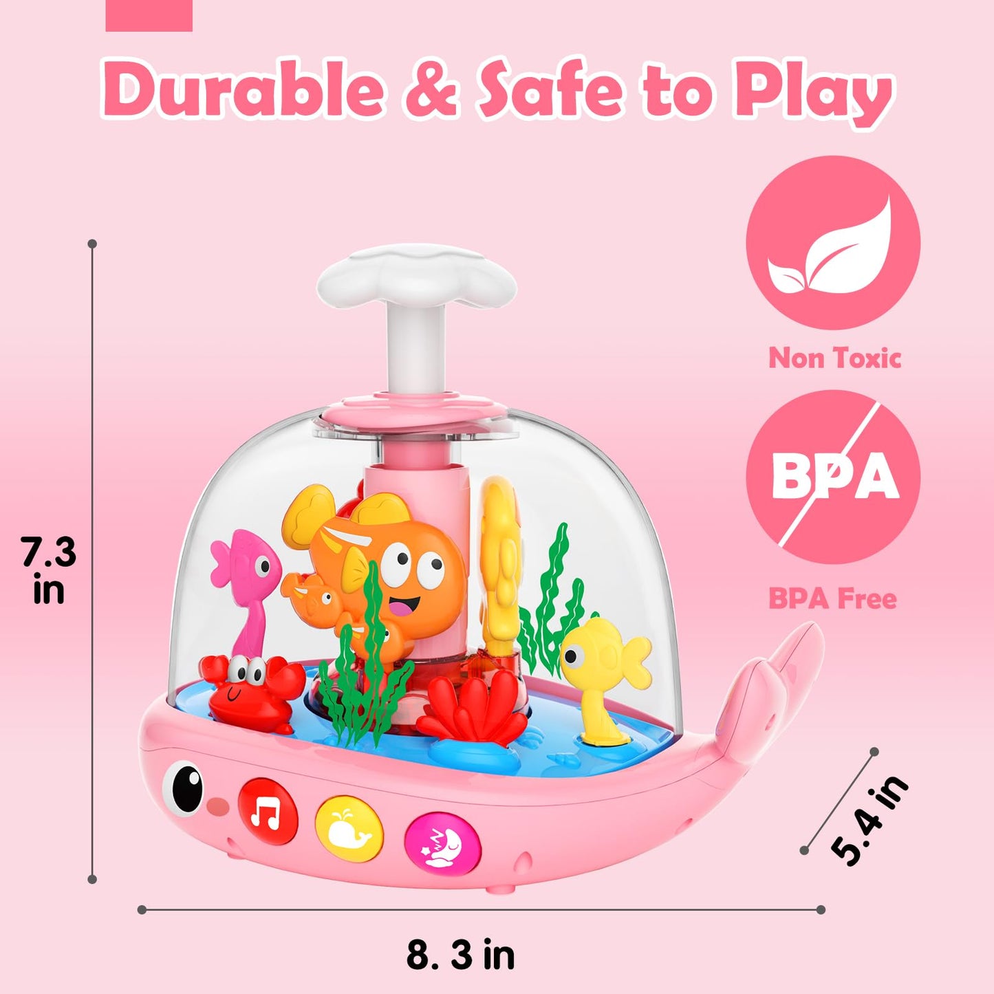 DUPHLAGT Baby Toy - Press & Spin Aquarium Light-Up Musical Toy (Pink, 6-12 Months) – Bilingual English/Spanish