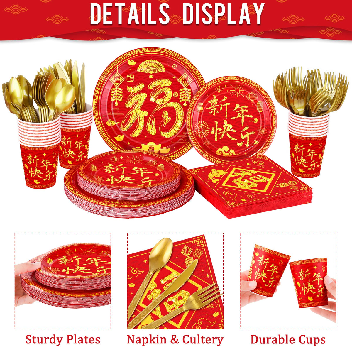 durony 170Pcs Chinese New Year Tableware Set – Red & Gold Design for 24 Guests | Plates, Cups, Napkins, Tablecloths