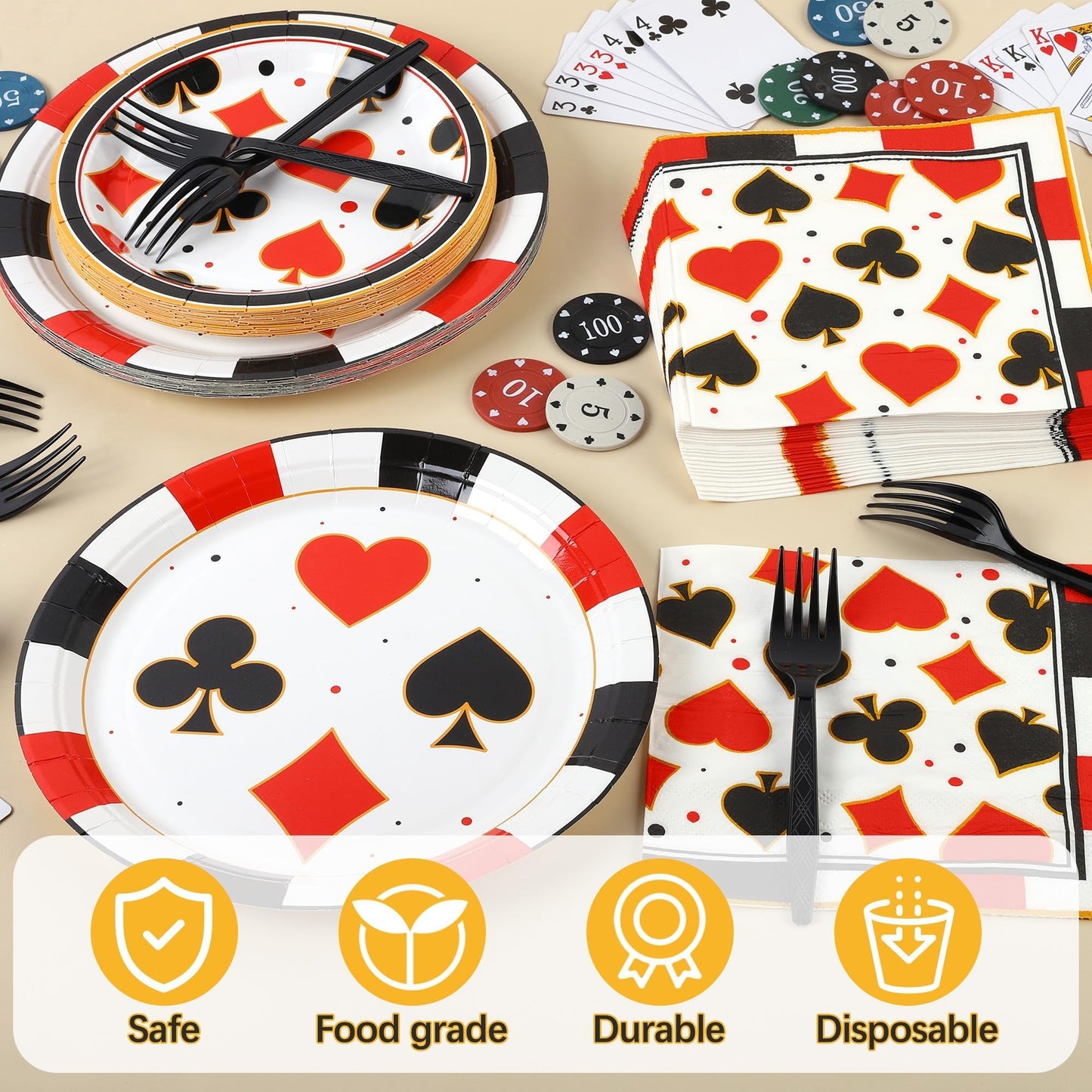 Durony 96-Piece Casino Theme Party Supplies – Plates, Napkins & Forks for Vegas-Style Events